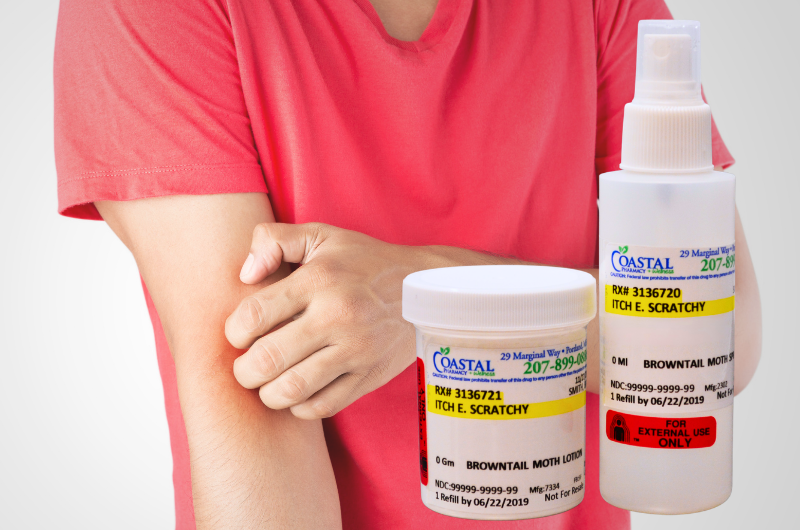Browntail moth rash treatment spray and lotion compounded at Coastal Pharmacy, Portland Maine