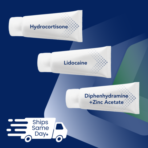 Image of OTC lotion kit contents. Hydrocortisone, Lidocaine, and diphenhydramine + zinc acetate.