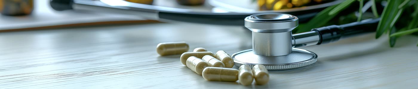 Stethoscope, pills, and greenery on a light wooden surface, representing healthcare and wellness.
