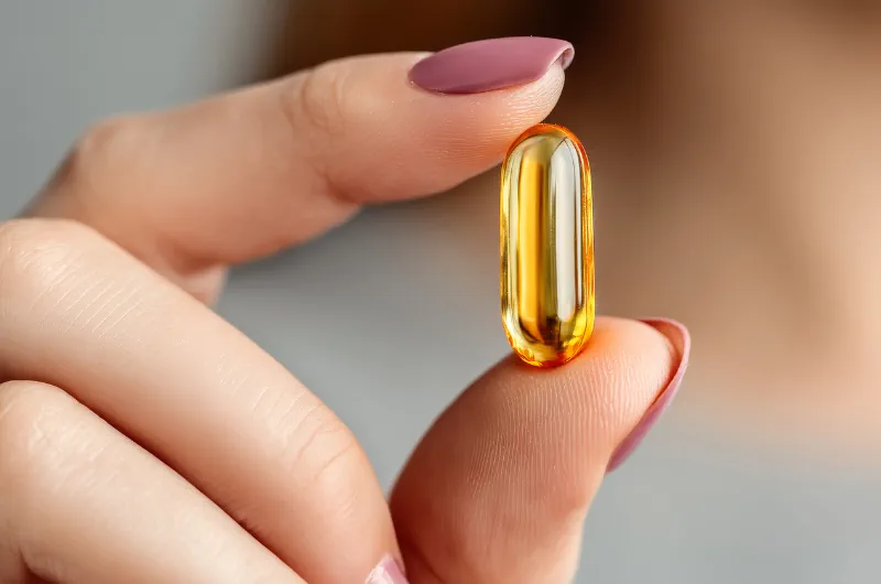 Woman holding omega-3 capsule between her index finger and thumb.