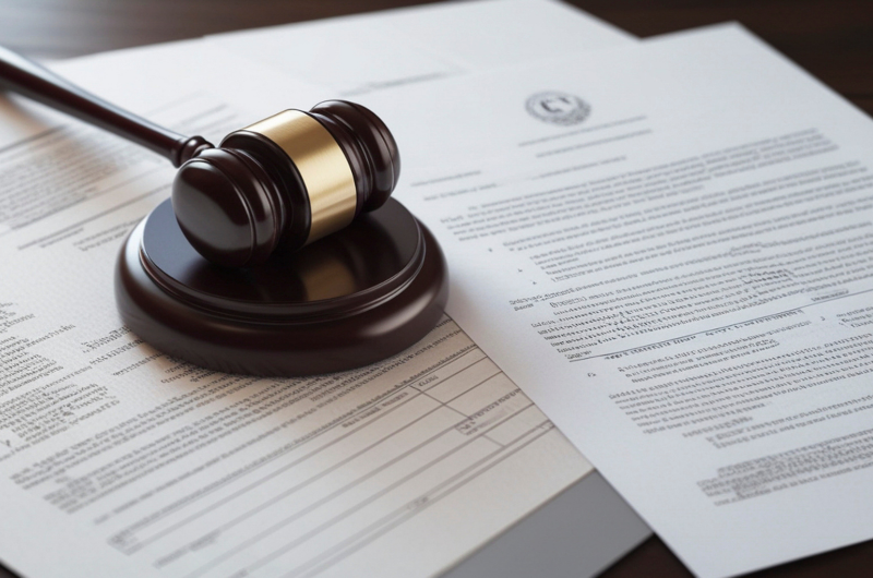 A gavel laying on top of legal papers on a desk.