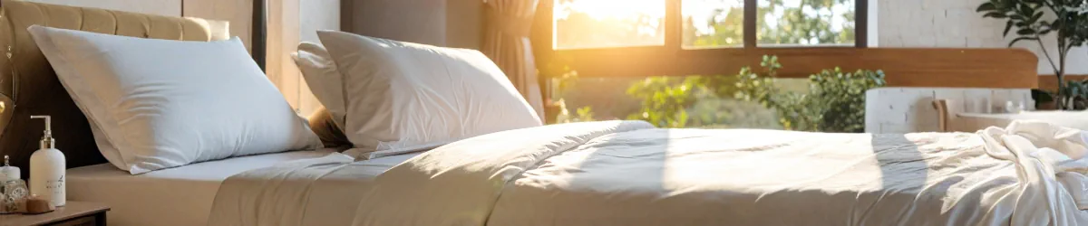 Bed with sun shining through the window.